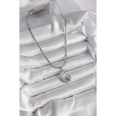 BUĞZ 316L Çelik Gümüş Renk İtalyan Zincir Zirkon Taşlı Halil Figür Kalp Detay Kadın Kolye - BUĞZ