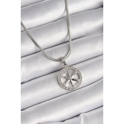 BUĞZ 316L Çelik Gümüş Renk İtalyan Zincir Zirkon Taşlı Kutup Yıldız Model Kadın Kolye
