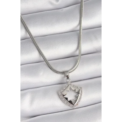 BUĞZ 316L Çelik Gümüş Renk İtalyan Zincir Zirkon Taşlı Kutup Yıldızı İşleme Model Kadın Kolye