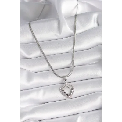 BUĞZ 316L Çelik Gümüş Renk İtalyan Zincir Zirkon Taşlı Kutup Yıldızı İşleme Model Kadın Kolye - BUĞZ