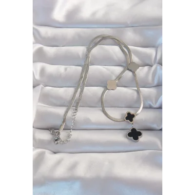 BUĞZ 316L Çelik Gümüş Renk İtalyan Zincirli Mineli Yonca Kolye - Lisinya