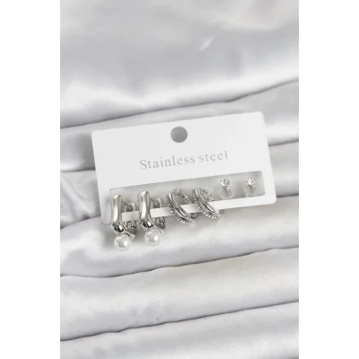 BUĞZ 316L Çelik Gümüş Renk Kadın Küpe Seti