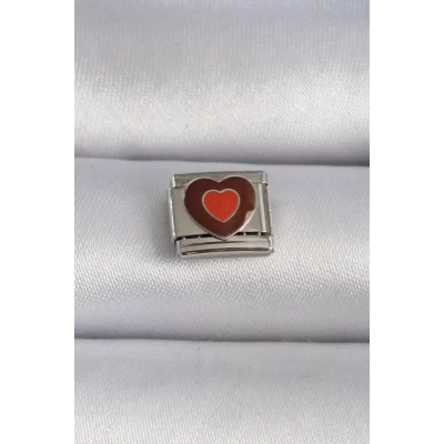 BUĞZ 316L Çelik Gümüş Renk Kahverengi Kalp İşlemeli Nomination Charm