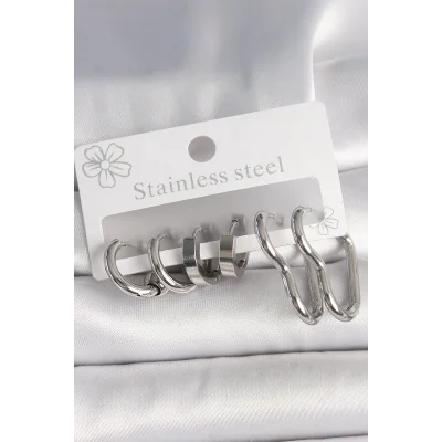 BUĞZ 316L Çelik Gümüş Renk Kalp Halka Model Kadın Küpe Seti