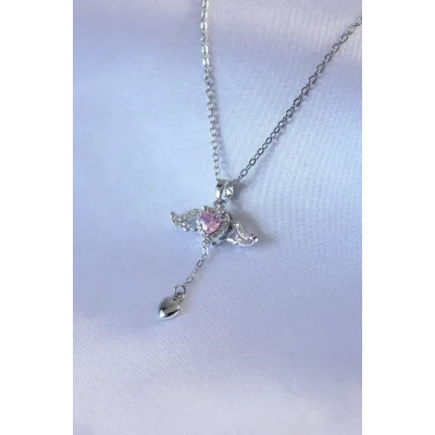 BUĞZ 316L Çelik Gümüş Renk Kanatlı Kalp Figür Zirkon Taş Detay Kadın Kolye