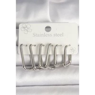 BUĞZ 316L Çelik Gümüş Renk Kare Model Kadın Küpe Seti