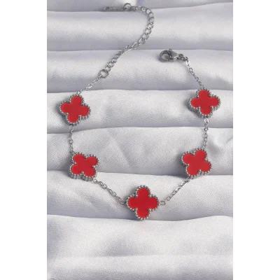 BUĞZ 316L Çelik Gümüş Renk Kırmızı Mineli Yonca Bileklik