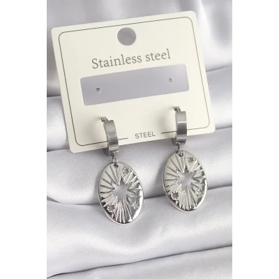 BUĞZ 316L Çelik Gümüş Renk Kutup Yıldızı İşleme Kadın Küpe