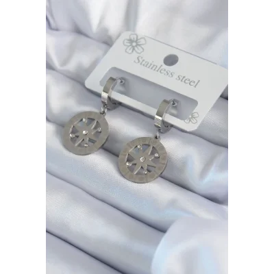 BUĞZ 316L Çelik Gümüş Renk Kutup Yıldızı Model Zirkon Taş İşleme Detay Kadın Küpe