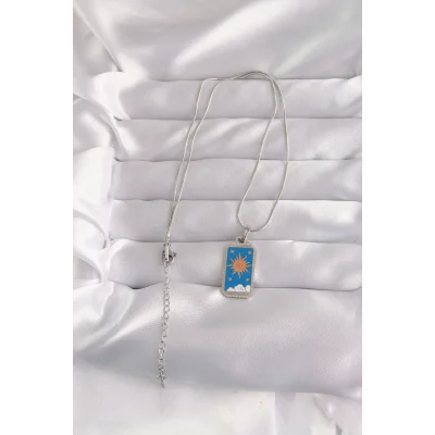 BUĞZ 316L Çelik Gümüş Renk Mavi Mineli Güneş Model Tarot Kolye - Lisinya