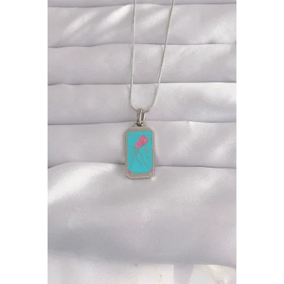 BUĞZ 316L Çelik Gümüş Renk Mavi Mineli Tarot Kolye