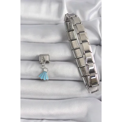 BUĞZ 316L Çelik Gümüş Renk Mavi Renk Sallantı Elbise Model Nomination Charm - Lisinya