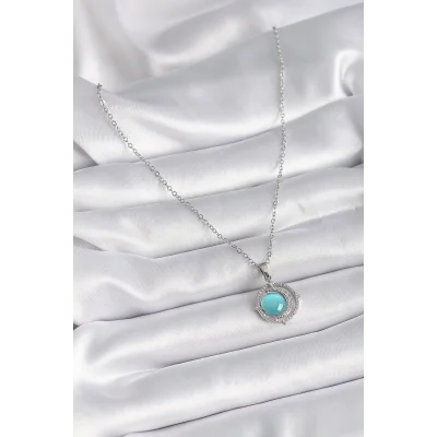 BUĞZ 316L Çelik Gümüş Renk Mavi Sedefli Hilal Model Kadın Kolye - Lisinya