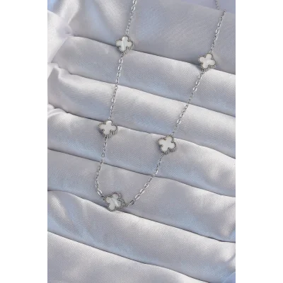 BUĞZ 316L Çelik Gümüş Renk Minimal Beyaz Sedefli Yonca Kolye