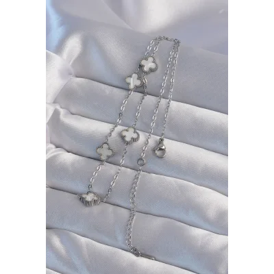 BUĞZ 316L Çelik Gümüş Renk Minimal Beyaz Sedefli Yonca Kolye - Lisinya