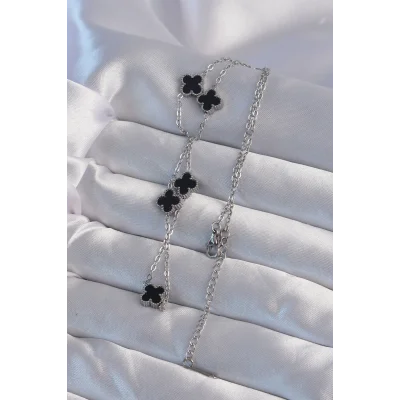 BUĞZ 316L Çelik Gümüş Renk Minimal Siyah Mineli Yonca Kolye - Lisinya