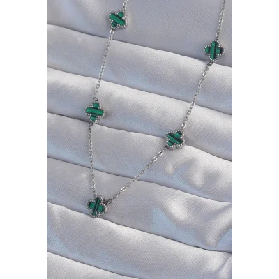 BUĞZ 316L Çelik Gümüş Renk Minimal Yeşil Mineli Yonca Kolye