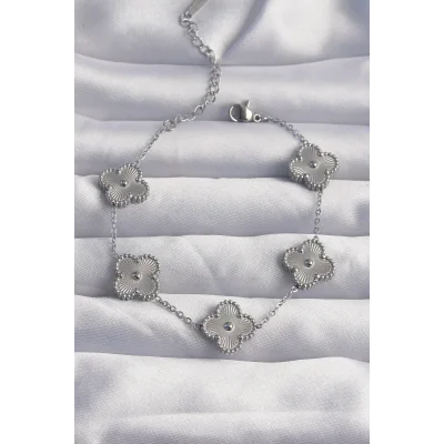 BUĞZ 316L Çelik Gümüş Renk Motifli Yonca Bileklik