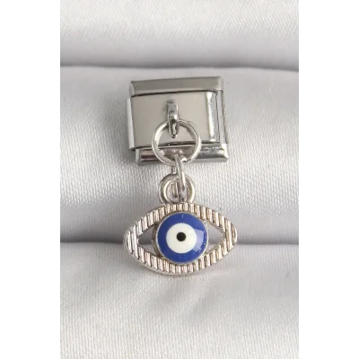 BUĞZ 316L Çelik Gümüş Renk Nazar Boncuk Detaylı Göz Model Nomination Charm