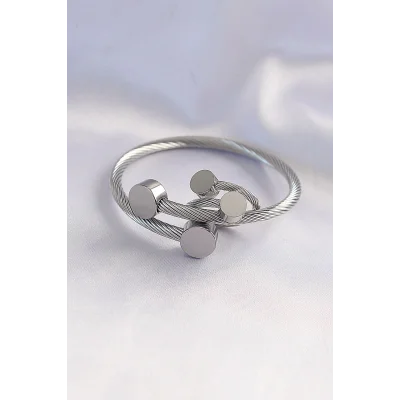 BUĞZ 316L Çelik Gümüş Renk Oval Aksesuarlı Burgu Model Bileklik ve Yüzük Kombini - Lisinya