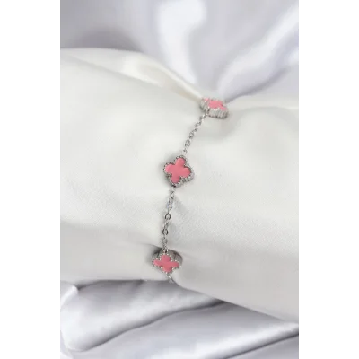 BUĞZ 316L Çelik Gümüş Renk Pembe Baby Boy Yonca Kadın Bileklik