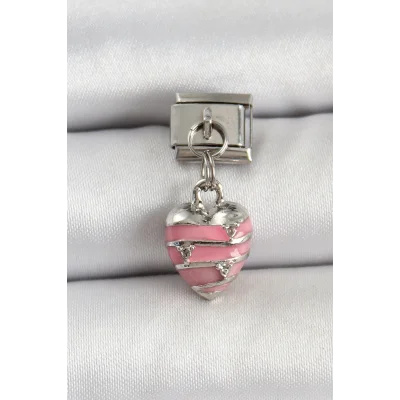 BUĞZ 316L Çelik Gümüş Renk Pembe Kalp Model Nomination Charm