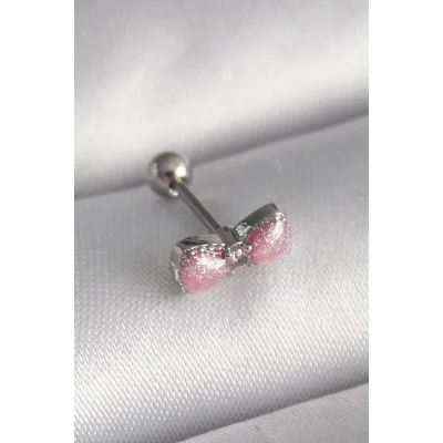 BUĞZ 316L Çelik Gümüş Renk Pembe Kurdele Zirkon Taş Detay Tragus Piercing