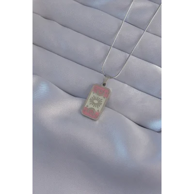 BUĞZ 316L Çelik Gümüş Renk Pembe Mineli Ay Figür Tarot Kolye - Lisinya