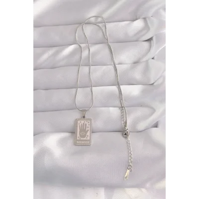 BUĞZ 316L Çelik Gümüş Renk Pembe Mineli El Figür Tarot Kolye - Lisinya