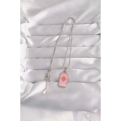 BUĞZ 316L Çelik Gümüş Renk Pembe Mineli Güneş Model Tarot Kolye - Lisinya