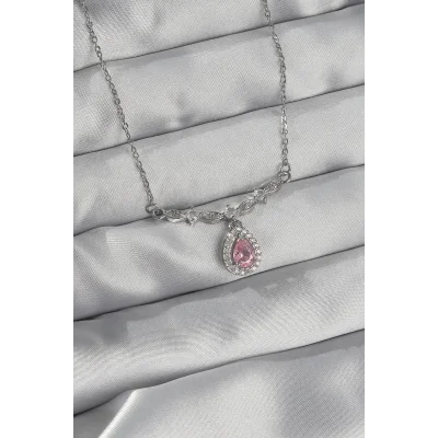 BUĞZ 316L Çelik Gümüş Renk Pembe Zirkon Taşlı Damla Kolye