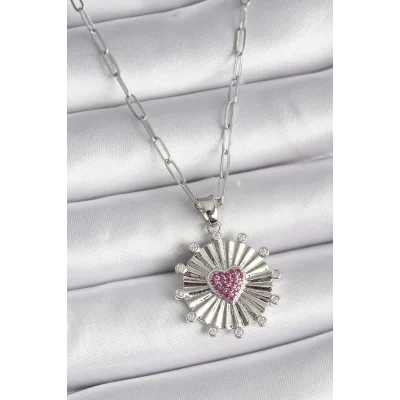 BUĞZ 316L Çelik Gümüş Renk Pembe Zirkon Taşlı Kalp İşleme Madalyon Model Kadın Kolye