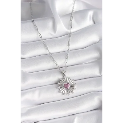 BUĞZ 316L Çelik Gümüş Renk Pembe Zirkon Taşlı Kalp İşleme Madalyon Model Kadın Kolye - BUĞZ