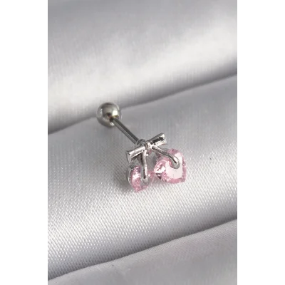 BUĞZ 316L Çelik Gümüş Renk Pembe Zirkon Taşlı Kalp Tragus Piercing