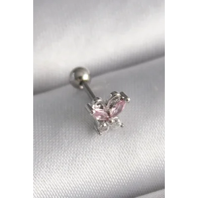 BUĞZ 316L Çelik Gümüş Renk Pembe Zirkon Taşlı Kelebek Tragus Piercing