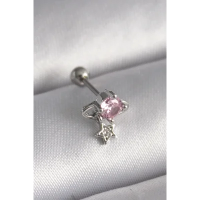 BUĞZ 316L Çelik Gümüş Renk Pembe Zirkon Taşlı Sallantı Yıldız Detay Tragus Piercing