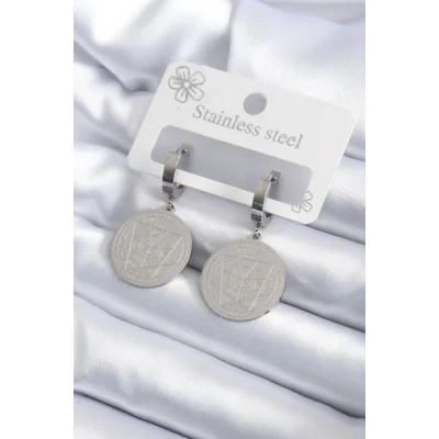 BUĞZ 316L Çelik Gümüş Renk Pentagram İşleme Model Kadın Küpe