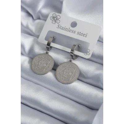 BUĞZ 316L Çelik Gümüş Renk Pentagram Yıldızı İşleme Kadın Küpe