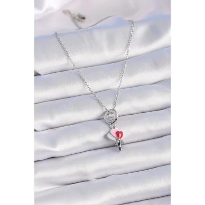 BUĞZ 316L Çelik Gümüş Renk Renkli Kalp Figür Charm Model Kadın Kolye - Lisinya