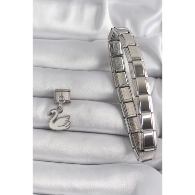 BUĞZ 316L Çelik Gümüş Renk Sallantı Beyaz Kuğu Model Nomination Charm - Lisinya