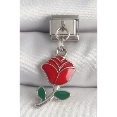 BUĞZ 316L Çelik Gümüş Renk Sallantı Kırmızı Gül Model Nomination Charm