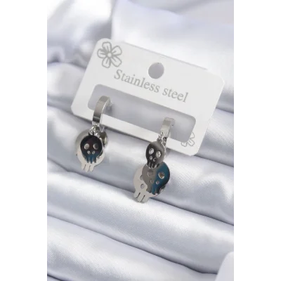 BUĞZ 316L Çelik Gümüş Renk Sallantı Kuru Kafa Model Kadın Küpe