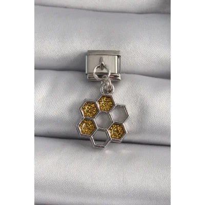 BUĞZ 316L Çelik Gümüş Renk Sallantı Simli Bal Beteği Model Nomination Charm