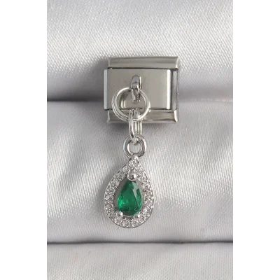 BUĞZ 316L Çelik Gümüş Renk Sallantı Yeşil Zirkon Taşlı Damla Model Nomination Charm