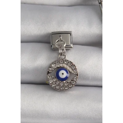 BUĞZ 316L Çelik Gümüş Renk Sallantı Zirkon Taşlı Göz Model Nazar Boncuk Detay Nomination Charm
