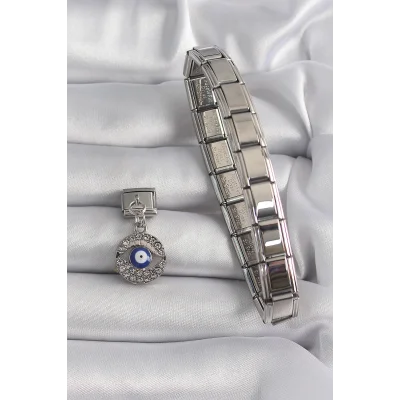 BUĞZ 316L Çelik Gümüş Renk Sallantı Zirkon Taşlı Göz Model Nazar Boncuk Detay Nomination Charm - Lisinya