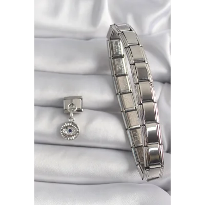 BUĞZ 316L Çelik Gümüş Renk Sallantı Zirkon Taşlı Göz Model Nomination Charm - Lisinya