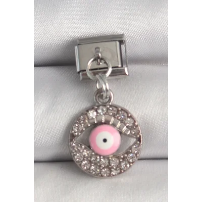 BUĞZ 316L Çelik Gümüş Renk Sallantı Zirkon Taşlı Pembe Göz Model Nomination Charm