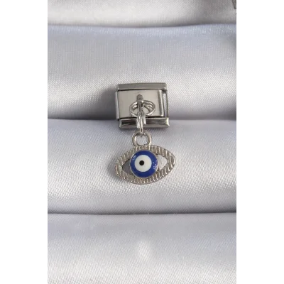 BUĞZ 316L Çelik Gümüş Renk Sallantılı Göz Figür Nazar Boncuk Detay Nomination Charm