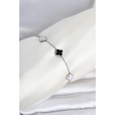 BUĞZ 316L Çelik Gümüş Renk Siyah Beyaz Baby Yonca Model Kadın Bileklik